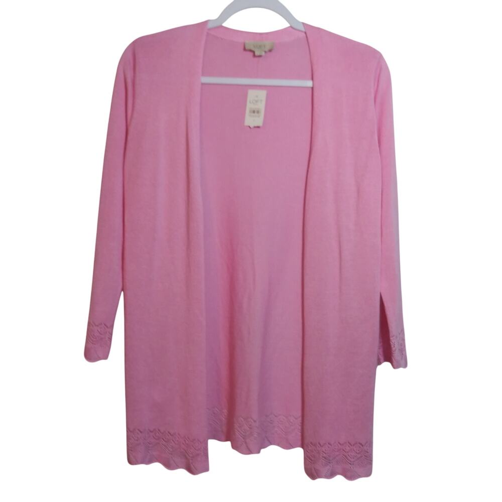 Loft Light Pink Knit Open Front Cardigan Scallop Hem Size Small